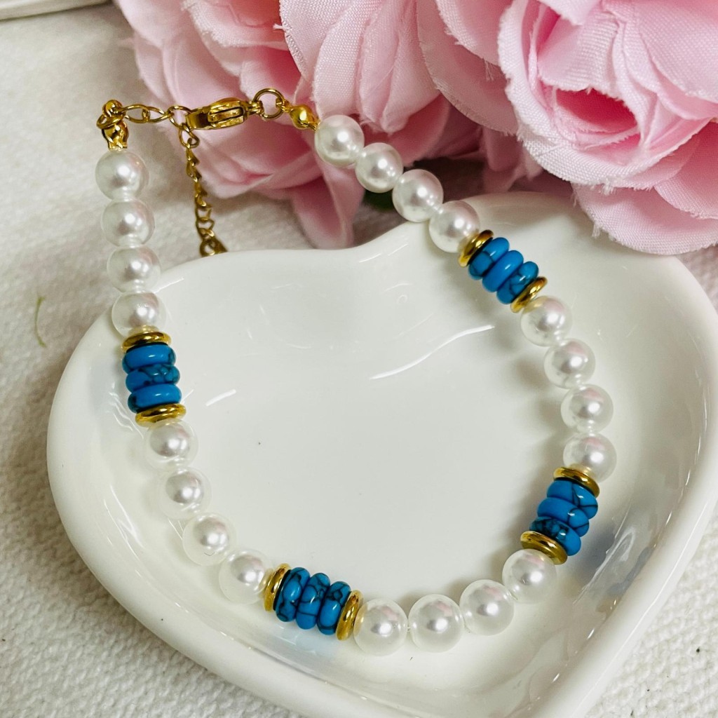 Natural stone & bead bracelet stainless steel