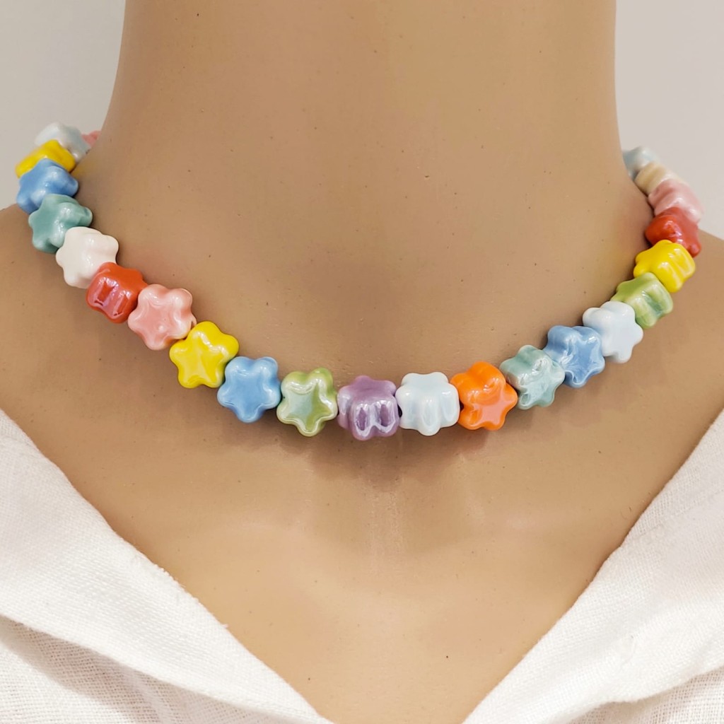 Natural stone & bead necklace stainless steel