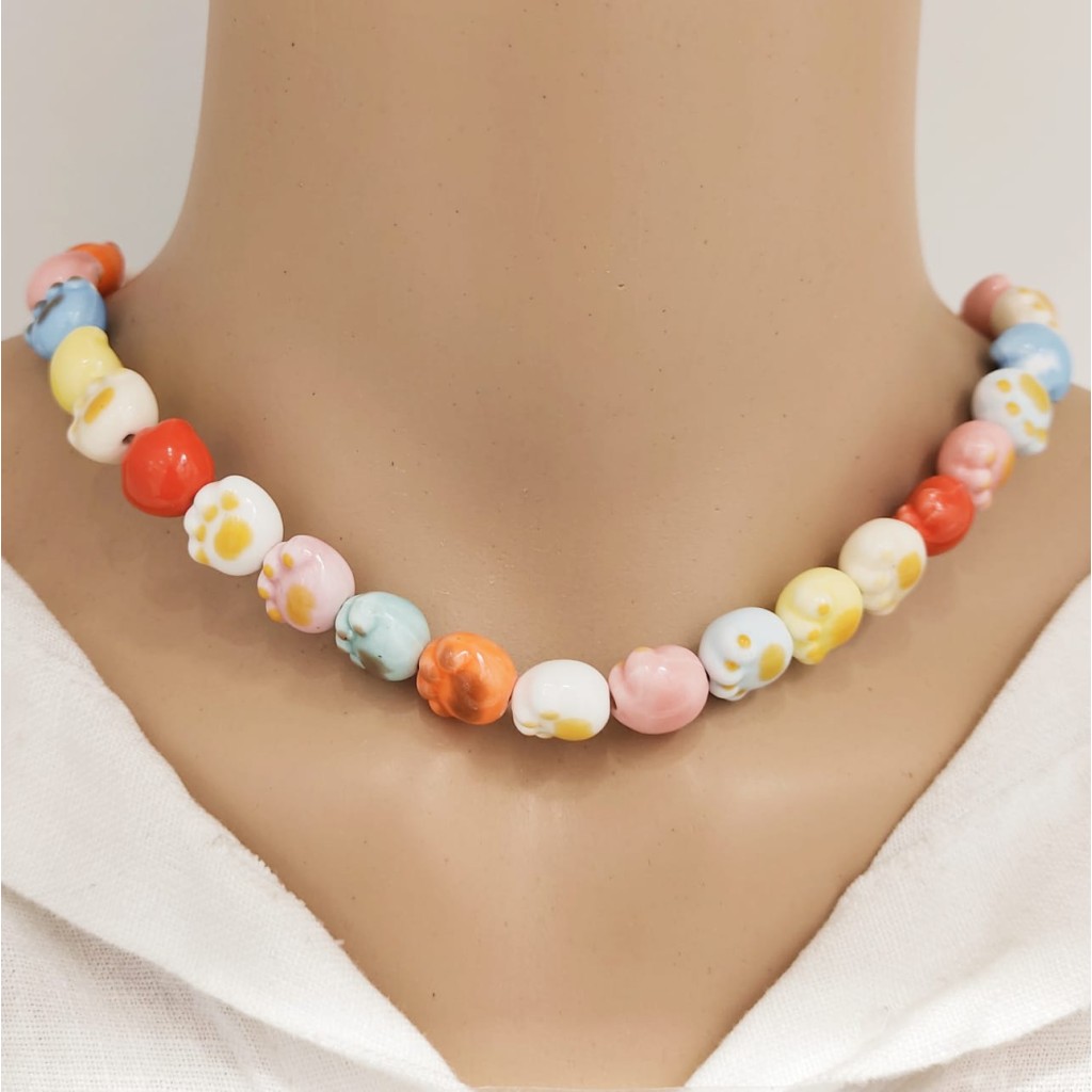 Natural stone & bead necklace stainless steel