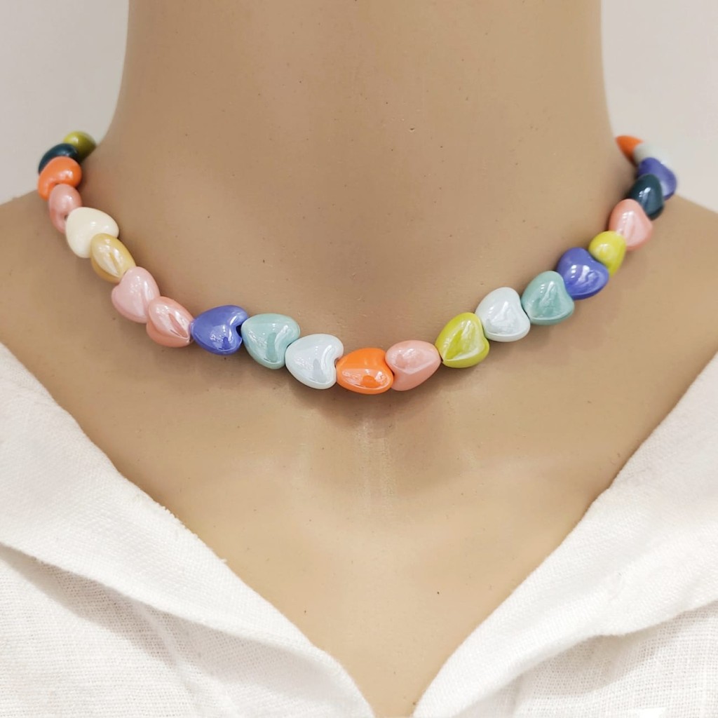 Natural stone & bead necklace stainless steel